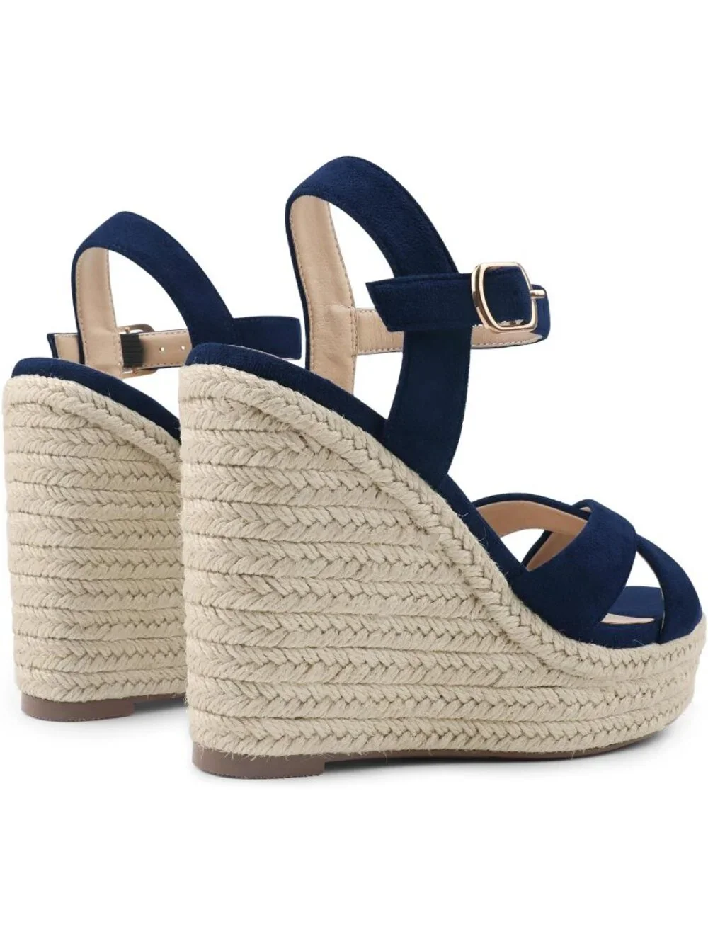 Women's Navy Blue Espadrille Wedge Sandals Platform Ankle Strap Open Toe Heels